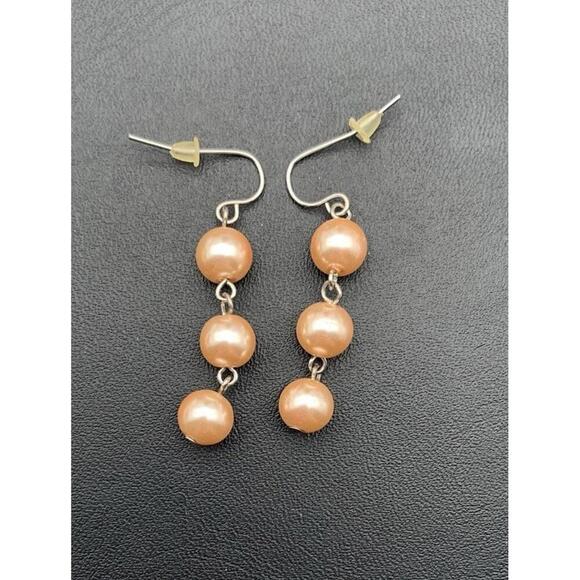 Dainty Light Peach Colored Faux Pearl Dangle Earrings - Picture 1 of 3